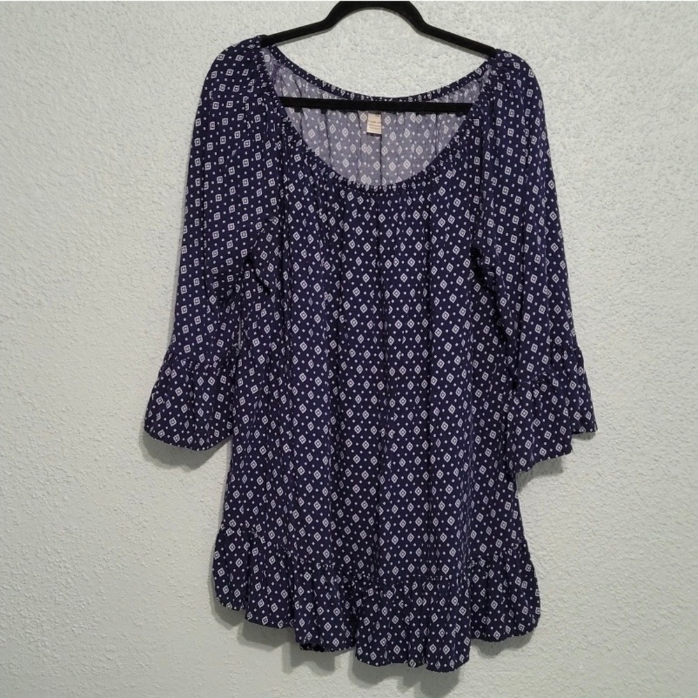 Terra & Sky Geometric Ruffle Hem Bell Sleeve Tunic 1X Cottagecore Peasant Flowy